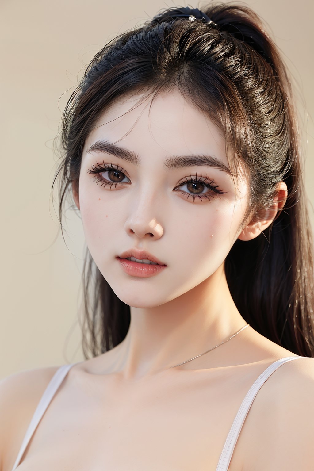 (masterpiece, best quality, photorealistic), 1girl, black hair, brown eyes, small boobs, detailed skin, pore, lovely expression, close mouth, white off shoulder, upper body, beauty model, beige plain background, Detailedface, Realism, Epic ,Female, Portrait, Raw photo, Photography, Photorealism,SGBB,alluring_lolita_girl,Young beauty spirit ,little_cute_girl,Bomi,Makeup,Soojin ,b3rli