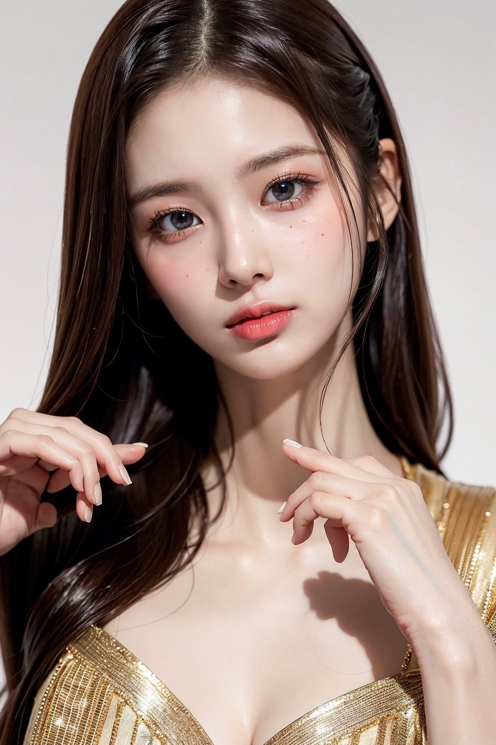 beautiful Korean 20yo girl, idol face, gorgeous girl, {beautiful and detailed eyes}, {normal limbs and fingers}, ((accurate hands without incongruity)), Golden ratio, perfect body ratio, The face of a young actress in korea, high details, High quality, beauty face, perfect face,  
beautiful accurate face (eyes, nose and mouth), medium_breasts, Detailed face, Detailed eyes, perfect foot, perfect hand, perfect fingers, Clean facial skin, slim and perfect body, Glamor body type, hips up, film grain, realhands, looking at viewer, cute:3.0, sohee,Realism