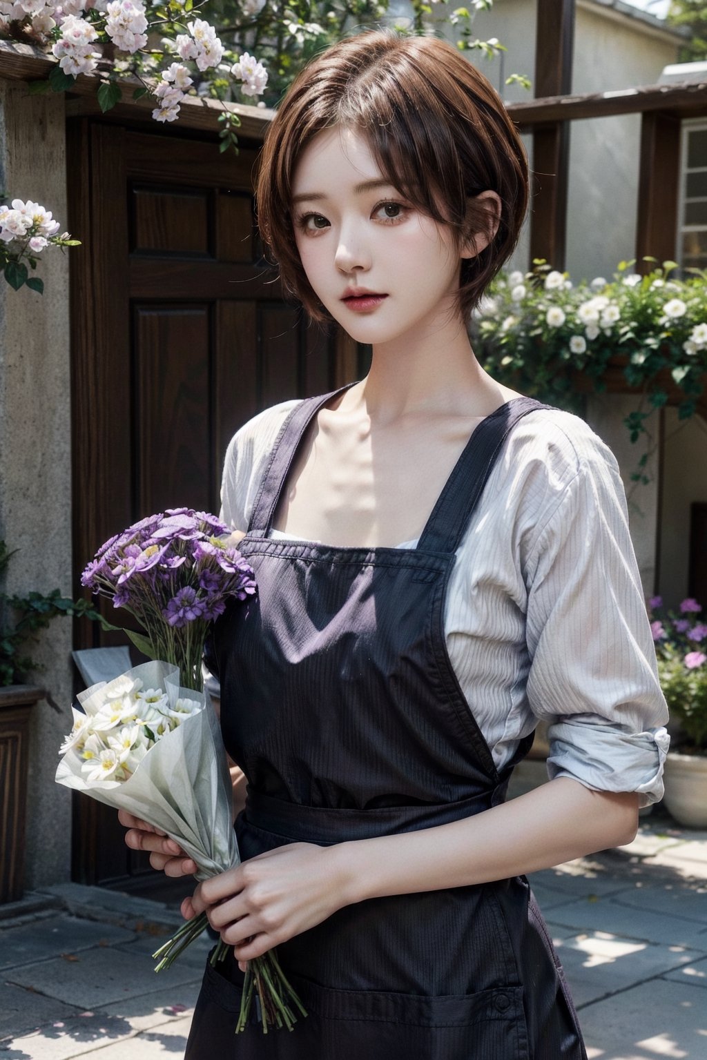 A woman with short hair stood outside, holding flowers, especially purple flowers. She wears a white shirt and a black apron. Natural atmosphere.