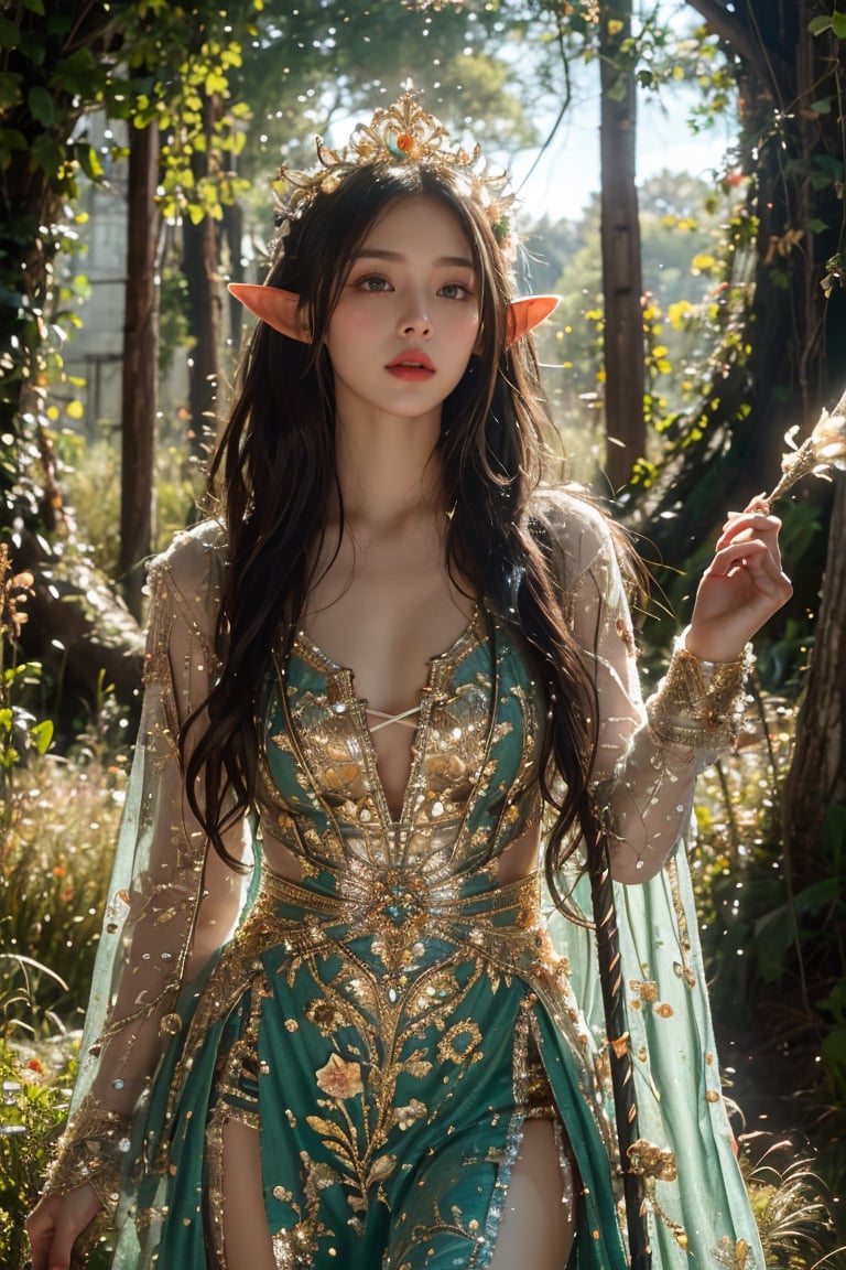 In a dappled, ancient forest ruin, an Elf Princess stands tall, her staff raised high as beams of warm sunlight filter through the trees, casting a golden halo around her regal figure. Her revealing, enchanted clothing shimmers in the soft light, while lush foliage and vines surround her, creating a lush environment. The camera captures a sharp focus on the princess's face, with the rule of thirds composition placing her at the intersection of two diagonals. Shot during the golden hour, the scene exudes an ethereal mood, inviting the viewer to step into this mystical realm., ,fantasy,better_hands,leonardo,angelawhite,Enhance