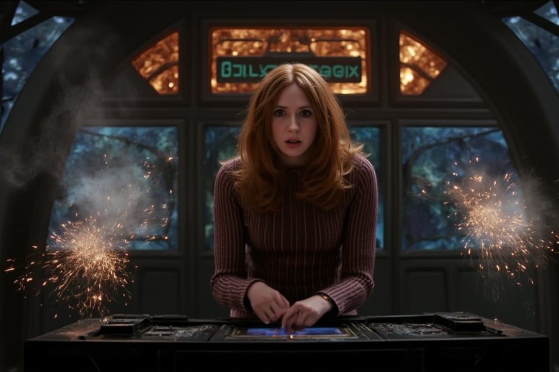 Amy Pond's hands fly across the TARDIS console as panic etches her face, a look of desperation in her eyes. Smoke and sparks erupt from malfunctioning computer panels, casting an eerie glow on her frantic expression. The time machine's interior, normally a labyrinth of controls and gadgets, is now a chaotic scene of sparks and smoke.,Karen Gillan