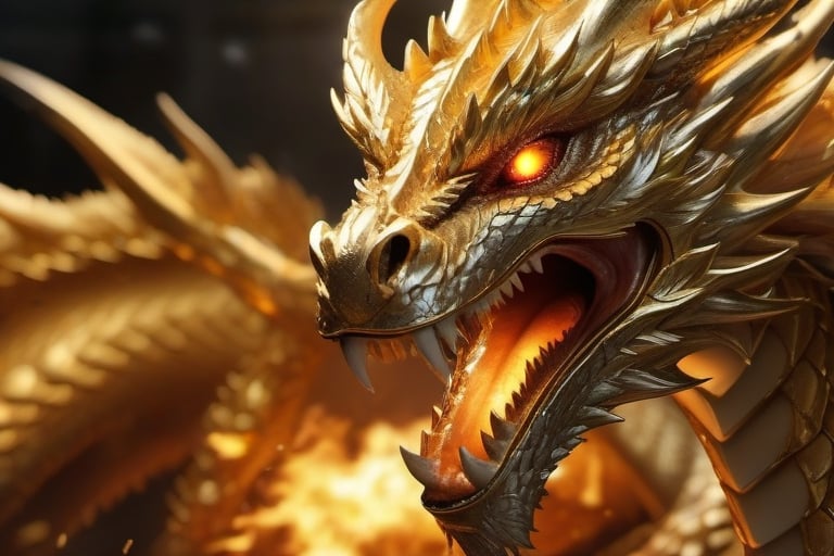 Documentary shot,  gleaming gold dragon breathing fire intricately detailed,  dramatic by Ilaadrien on Tensor.Art
