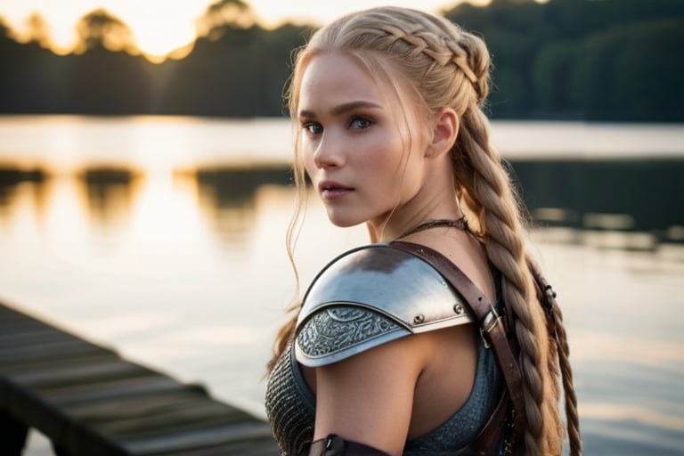 A majestic Viking warrior stands tall on the dock's edge, long blond braids cascading down her back as she unsheathes her longsword. Her piercing blue eyes seem to bore into the distance, intensity and determination etched upon her face. Chainmail armor glistens in the soft, golden light of dawn as she grasps a longsword with confidence. The camera captures her in full glory, ISO 150 and shutter speed 3seconds combining for a sharp, cinematic image. F/6 aperture and 64 megapixels ensure intricate details and perfect composition. The atmosphere is heightened by the misty morning air, natural lighting casting an ethereal glow. Crystal-clear focus and breathtaking HDR bring this Viking masterpiece to life.,modelshoot style