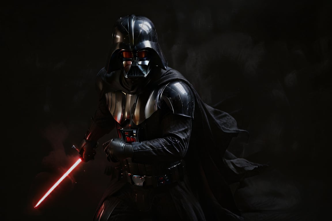 Black background(1.5), Darth Vader emerges slowly from the inky blackness, his Powerful well muscled imposing figure shrouded in darkness. Only the crimson glow of his lightsaber casts a warm, eerie illumination upon his black armored hands face and chest, highlighting the contours of his mask-encased (1.3) face, the curve of his arm, and the sharp angles of his leg.,photorealistic,a111