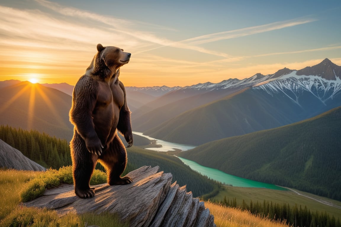 Grizzled pioneer, Dan Haggarty, clad in heavy animal furs, stands triumphantly atop a rugged mountain peak, his weathered face aglow with the warm sunset light. Beside him, a gargantuan grizzly bear sits regally, its massive paws grasping the mountain's edge as they gaze out upon a lush, emerald valley below. A soaring eagle, its wings spread wide, glides effortlessly over the verdant landscape, its piercing cry echoing through the stillness. In the distance, the sun dips low, casting a golden glow upon the rolling hills.