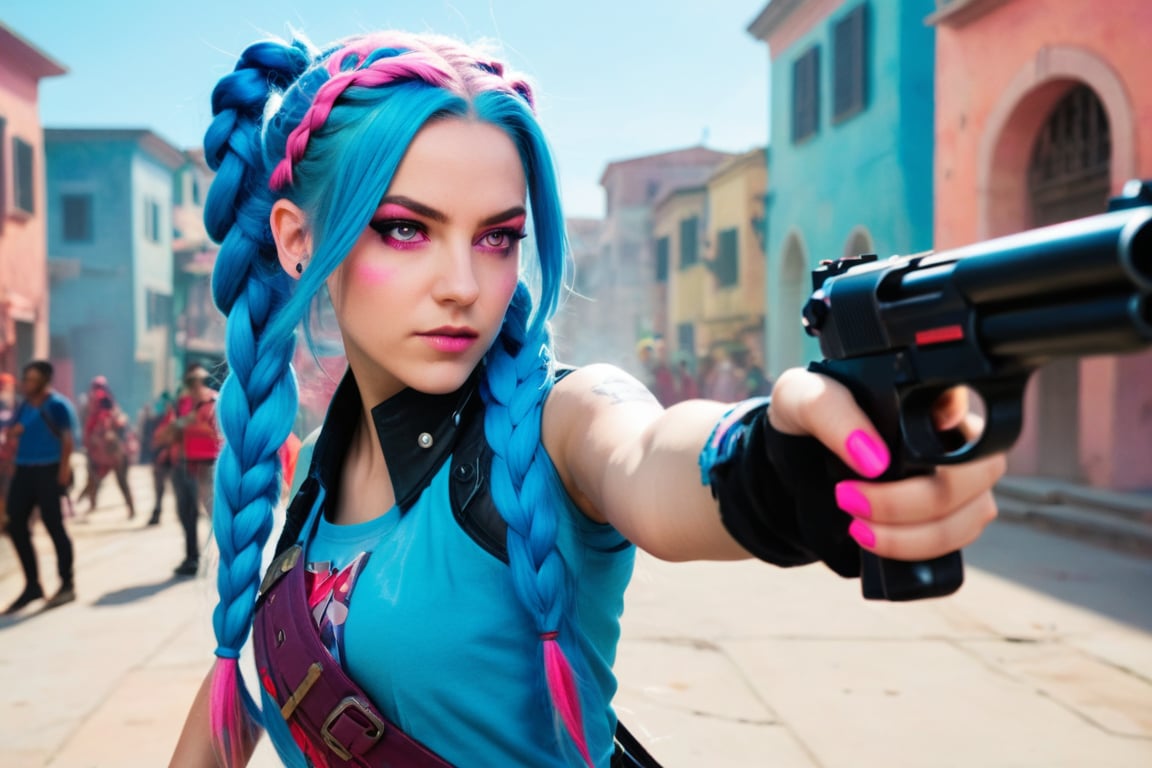 Jinx from league of legends stares intently at her targets with her pink eyes and  her long blue braided hair swinging behind her as she turns, aiming her pistol at some denizens of the lower city