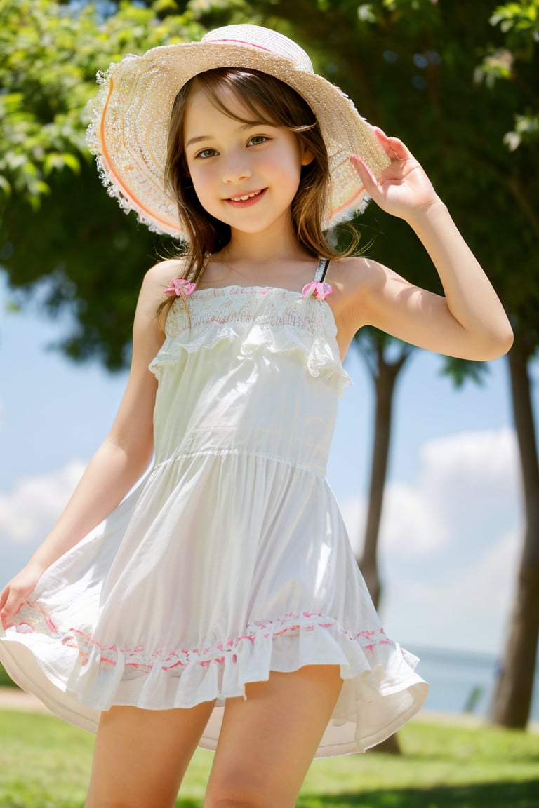 an adorable tween girl wearing a thin and short sundress one leg raised,  wearing a sunhat,  as she kisses her fathers che...