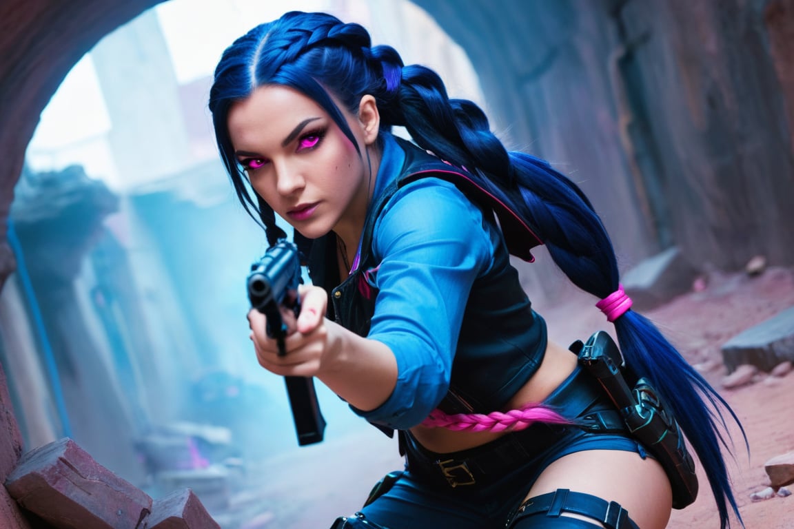 Jinx from league of legends stares intently at her targets with her pink eyes and  her long dark blue braided hair swinging behind her as she turns, aiming her pistol at some underground denizens of the lower city