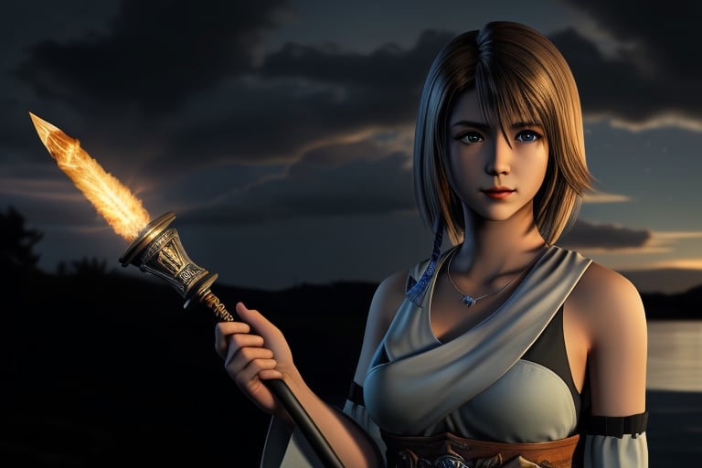 Glamor shot,  medium close up, Final fantasy 10, Yuna, one blue eye one green eye Heterochromia(1.5) brown straight shoulder length hair, holding a summoners staff(1.2) , lightning striking the ground in several places under a dark cloudy sky at night HDR,  hyper-real Lighting,  Photo-realistic,  extreme detailed, 16k resolution 64 megapixels,  wide-angle lens, ultra-realistic  wind effects, ,YunaFFX