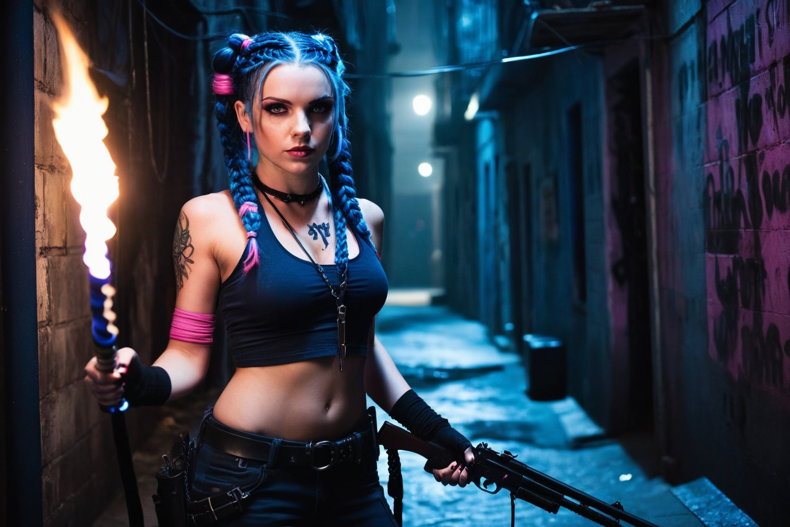 In a dimly lit, cramped alleyway of the Lower City's underbelly, Jinx stands tall, her piercing glowing pink eyes fixed intently on her targets. Her long, dark blue braids swing behind her like a whip as she turns to face the group, pistol at the ready. The flickering torches cast eerie shadows on the walls, highlighting the edgy angles of her determined expression.