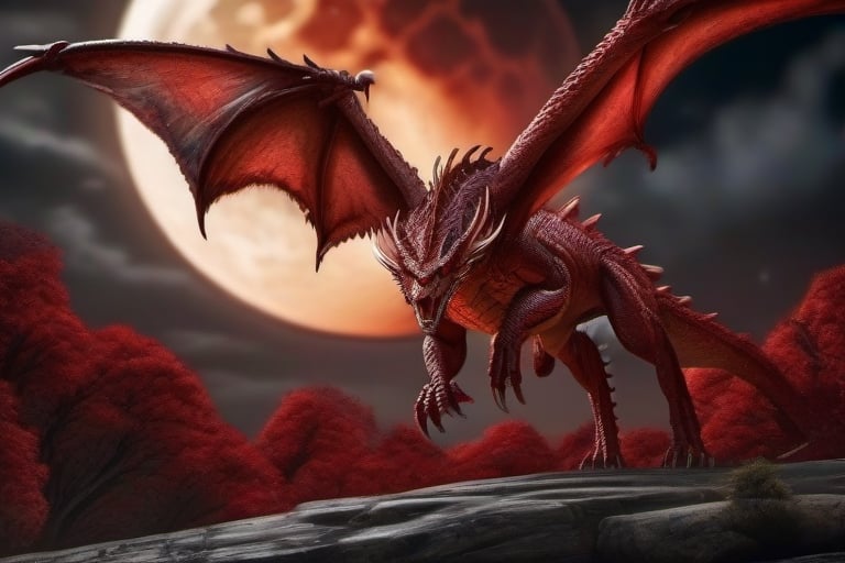 Documentary shot,  blood red dragon landing under a full moon intricately detailed,  dramatic by Ilaadrien on Tensor.Art