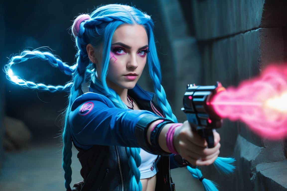 Jinx from league of legends stares intently at her targets with her pink eyes and  her long blue braided hair swinging behind her as she turns, aiming her pistol at some underground denizens of the lower city