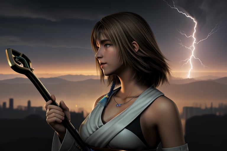 Glamor shot,  medium close up, Final fantasy 10, Yuna, one blue eye one green eye Heterochromia(1.5) brown straight shoulder length hair, holding a summoners staff(1.2) , lightning striking the ground in several places under a dark cloudy sky at night HDR,  hyper-real Lighting,  Photo-realistic,  extreme detailed, 16k resolution 64 megapixels,  wide-angle lens, ultra-realistic  wind effects, ,YunaFFX