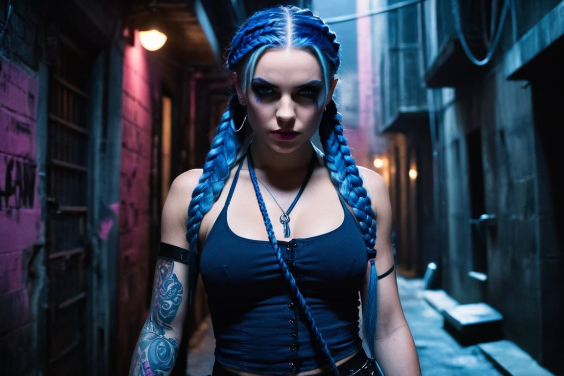 In a dimly lit, cramped alleyway of the Lower City's underbelly, Jinx stands tall, her piercing pink eyes fixed intently on her targets. Her long, dark blue braids swing behind her like a whip as she turns to face the group, pistol at the ready. The flickering torches cast eerie shadows on the walls, highlighting the edgy angles of her determined expression.