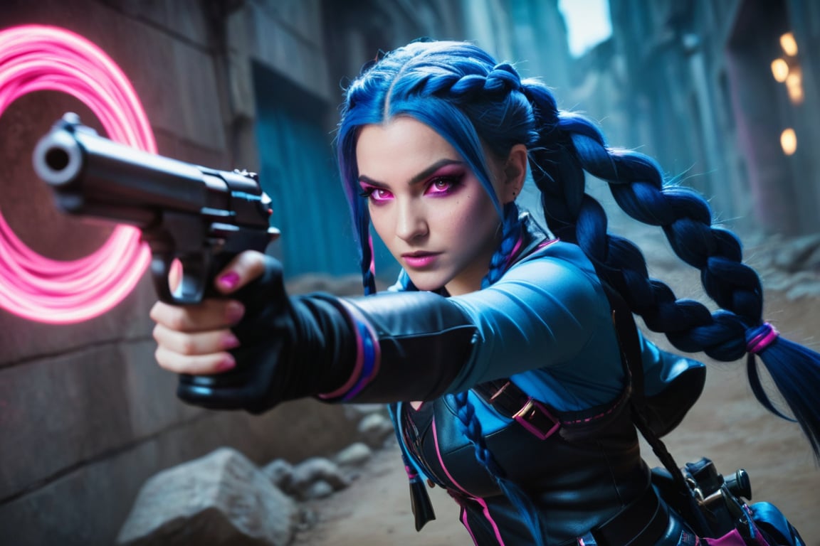 Jinx from league of legends stares intently at her targets with her pink eyes and  her long dark blue braided hair swinging behind her as she turns, aiming her pistol at some underground denizens of the lower city