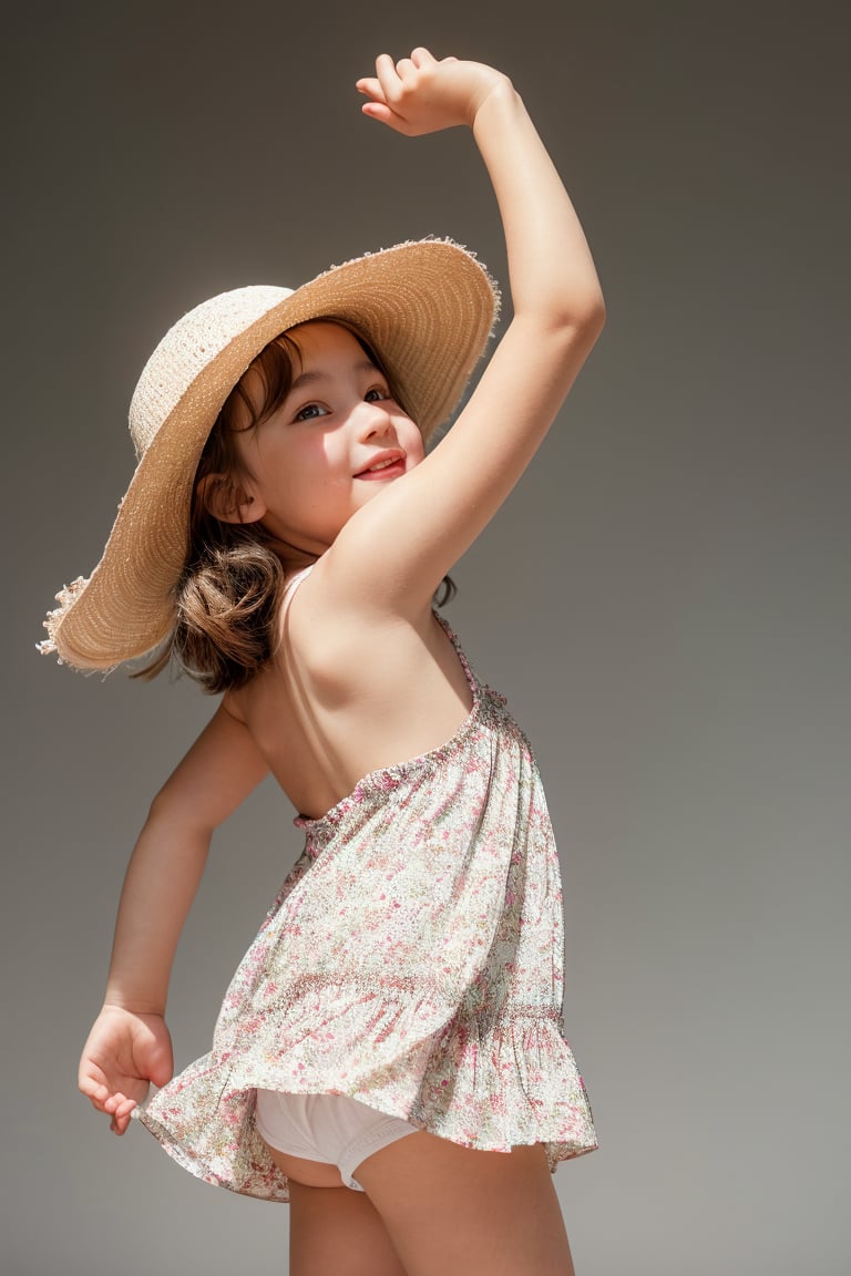 an adorable tween girl wearing a thin and short sundress one leg raised,  wearing a sunhat,  as she kisses her fathers che...