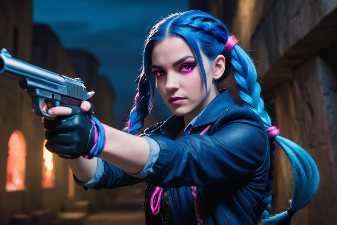 Jinx from league of legends stares intently at her targets with her pink eyes and  her long dark blue braided hair swinging behind her as she turns, aiming her pistol at some underground denizens of the lower city