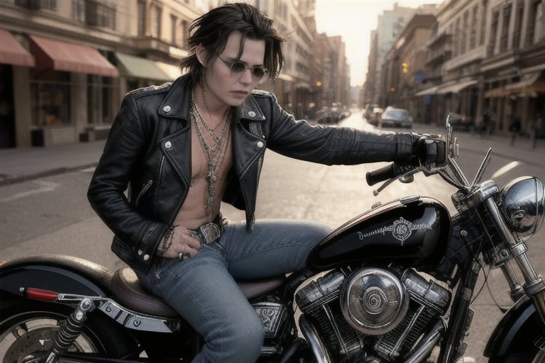 A young man(Johnny Depp 1.5),  wearing mirrored sunglasses and clad in a black leather jacket adorned with a fiery skull o...