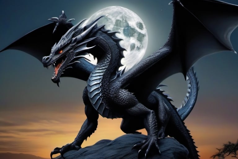 Documentary shot,  irredescent black dragon under a full moon intricately detailed,  dramatic by Ilaadrien on Tensor.Art