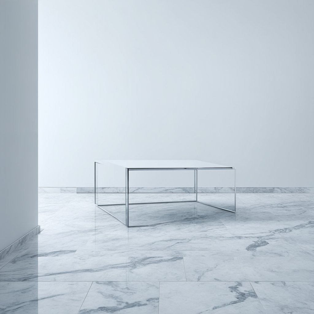 Ethereal liminal space: pristine white marble room. Seamless walls,  floor,  and ceiling of polished Carrara marble with s...