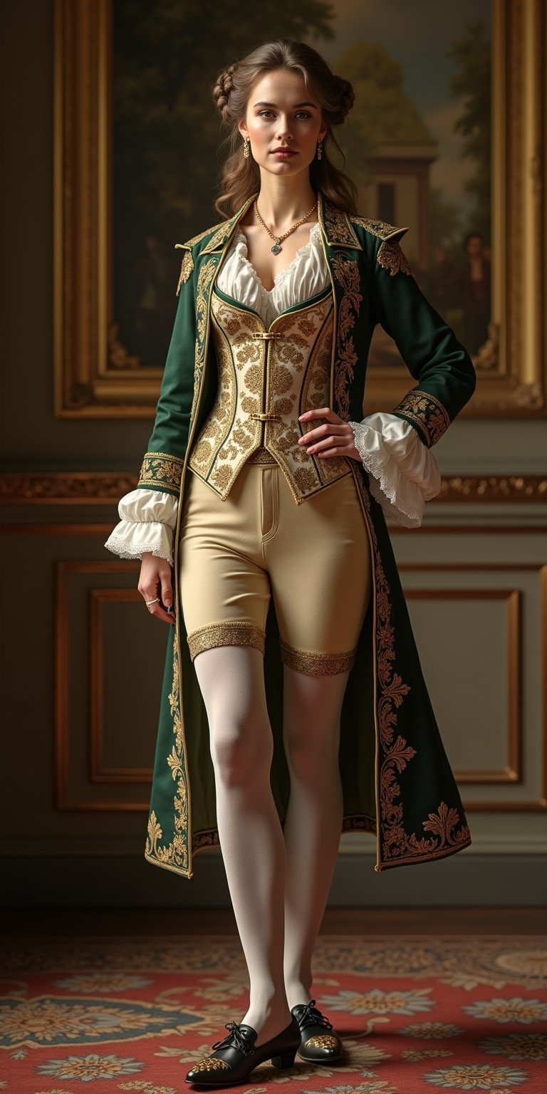 Elegant woman in 18th-century male attire,  wearing a luxurious habit à la française. Exquisite golden embroidery adorns t...