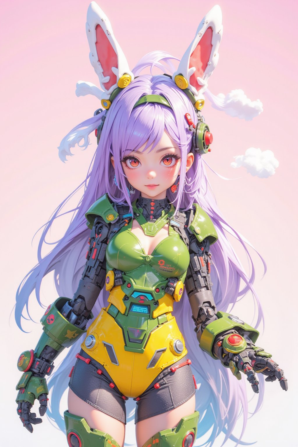 Cute anime girl,child's body shape,
 long lavender hair, bunny ears headband, mechanical costume parts, green and yellow color scheme, oversized paw gloves, thigh-high stockings, skimpy bodysuit,
futuristic bodysuit, red eyes, cheerful expression, dynamic pose, robotic limb attachments, detailed figurine style, high quality render, studio lighting, pastel background, kawaii aesthetic, cyberpunk elements, 8k resolution, hyper-detailed, official artwork,nineten,hand mecha2,sharpanime