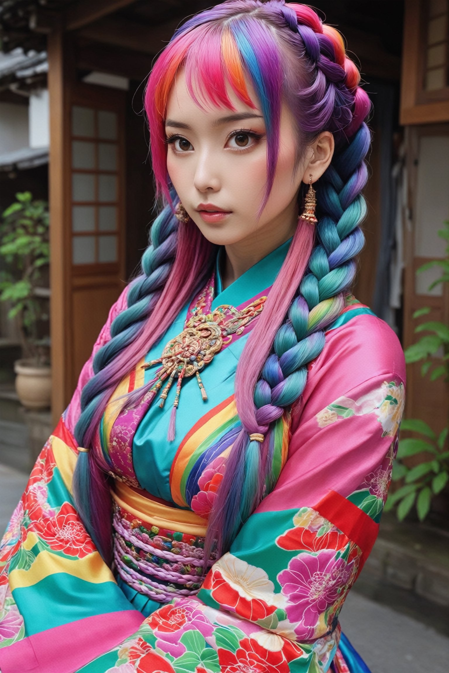 Kitsch maximalism fashion style,1Girl,Beautiful japanese woman, long incredibly intricately braided hair, colorful and overdecorated japanese　dress,enakorin,Rainbow haired girl ,pink-emo