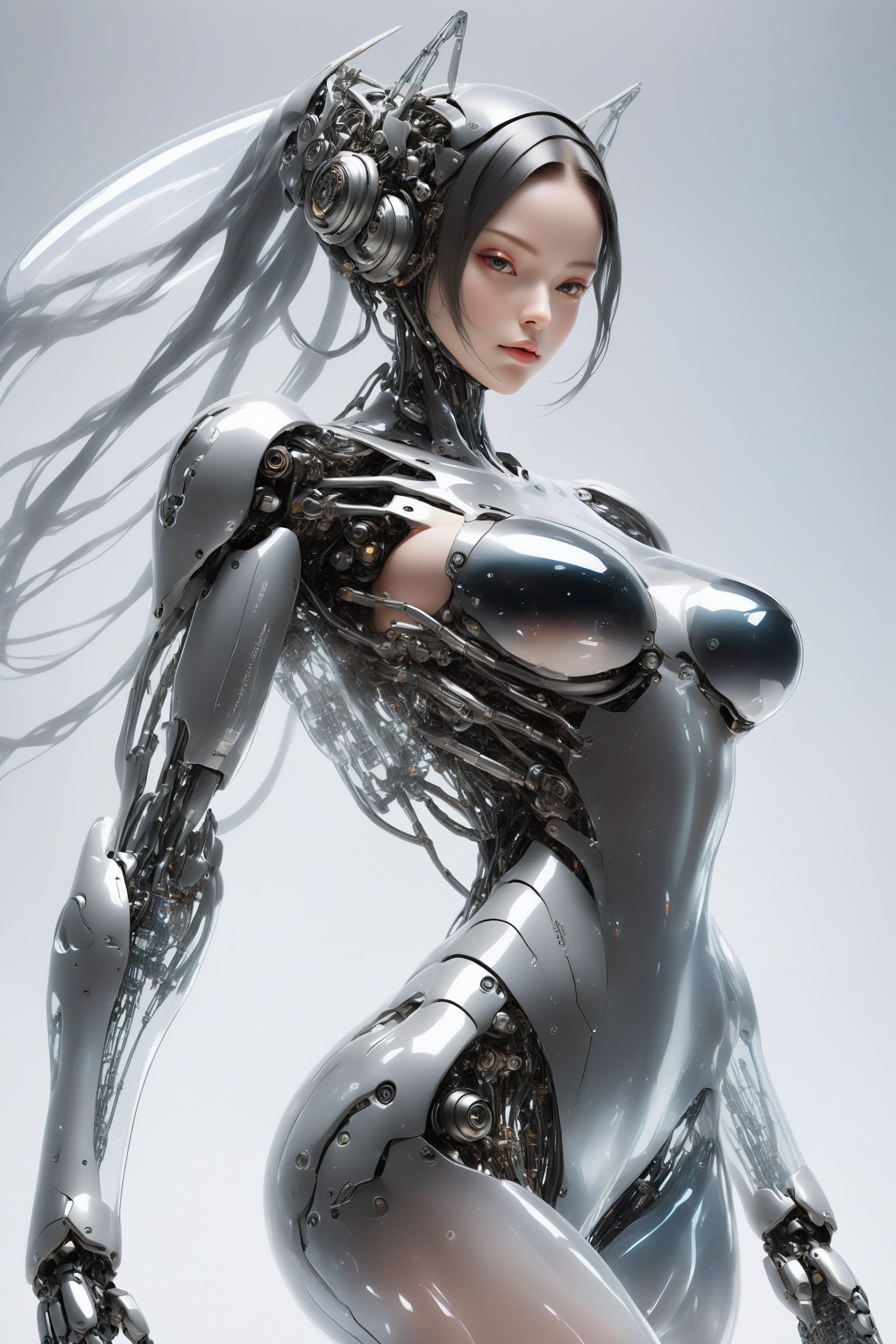 robot Girl,human girl face,Giant  arm, adorned with (transparent body parts), revealing the intricate machinery inside, giant robotic weapon, smooth and angular design despite transparent parts, pulsating energy and intricate circuitry visible through transparent body parts.,robot, mechanical arms,Glass Elements,Anime girl,YuukiTeitoStyle