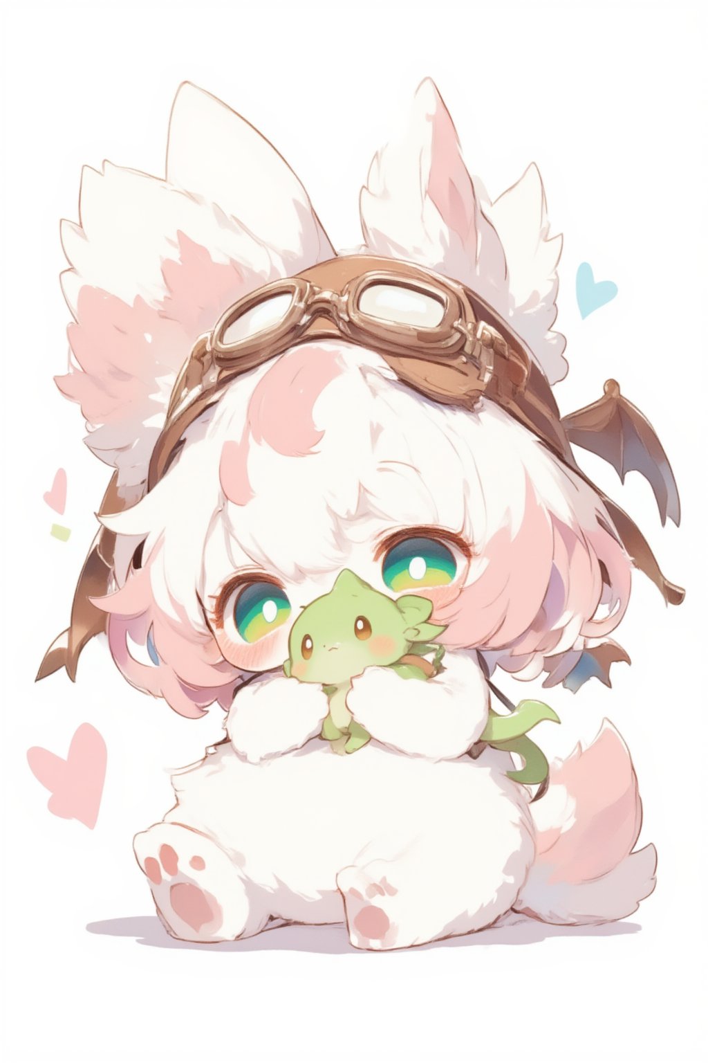 Cute, fluffy fantasy creature, anime style, watercolor illustration. White and pink fur, rabbit-like ears, big green eyes. Wearing brown aviator cap with goggles. Small wings on back. Holding a tiny green dragon baby, Chubby body with paw-like feet. Expressive face showing slight concern. Soft, pastel color palette. White background with minimal shading. Charming and whimsical character design.,Kemonomimi,furry,moe