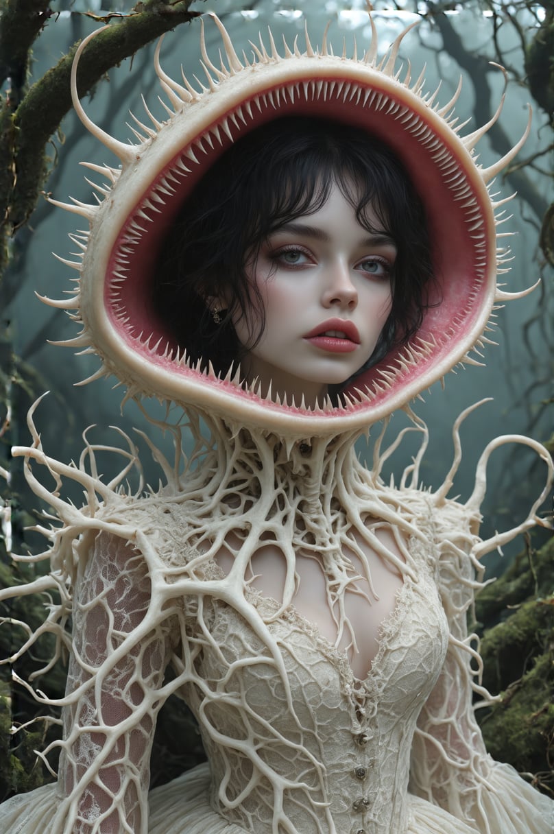 Ethereal portrait of a dark-haired woman wearing a biomechanical haute couture dress inspired by a Venus flytrap. Dress features intricate ivory and pink organic structures with sharp thorny spines along edges. Dramatic high-neck collar shaped like carnivorous plant mouth with detailed venation patterns and serrated edges, framing face in deep rose pink interior. Victorian-style bodice with bony root-like textures, intricate lace patterns resembling fungal growth and plant tendrils. Multiple curved stems with threatening spikes emerge from shoulders. Dark atmospheric forest background with selective focus. Makeup style: pale porcelain skin, dark lips, dramatic eye makeup. Photography style: moody editorial fashion, dark fantasy aesthetic, professional studio lighting emphasizing texture and shadow detail. Color palette: pale ivory, dusty pink, deep forest green. 8k resolution, high-end fashion photograph