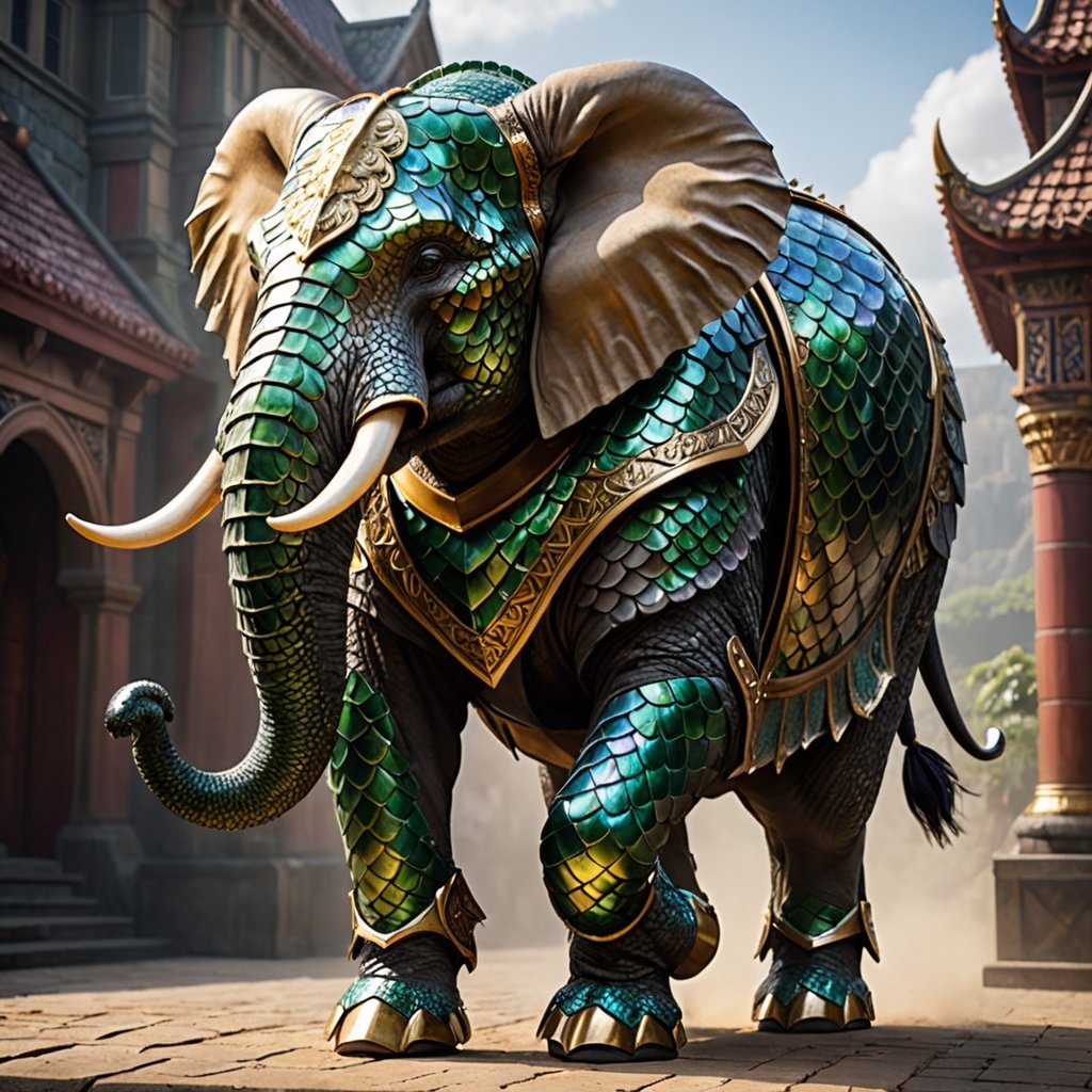  fantasy-themed spectacle unfolds as a colossal war elephant dons a majestic suit of dragon scale armor. The imposing creature strides confidently with each step, its massive form enhanced by the gleaming and protective dragon scales.The dragon scale armor adorning the war elephant is a marvel of craftsmanship, intricately designed to fit the contours of the colossal beast. The scales, with their iridescent shimmer, provide both formidable defense and a breathtaking visual spectacle. The intricate patterns on the scales add an artistic touch, turning the armored war elephant into a living canvas of mythical elegance.,dragon armor,Animal Verse Ultrarealistic 