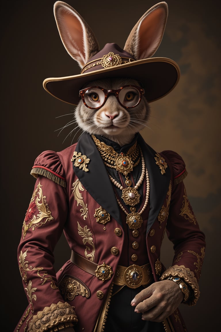 animal anthropomorphism Rabbit,(cowboy shot),Wearing luxury sack-back gown,Old-fashioned glasses, detailed and opulent description of a male aristocrat's sack-back gown in Rococo style, emphasizing luxurious fabrics, intricate embroidery, and ornate accessories,