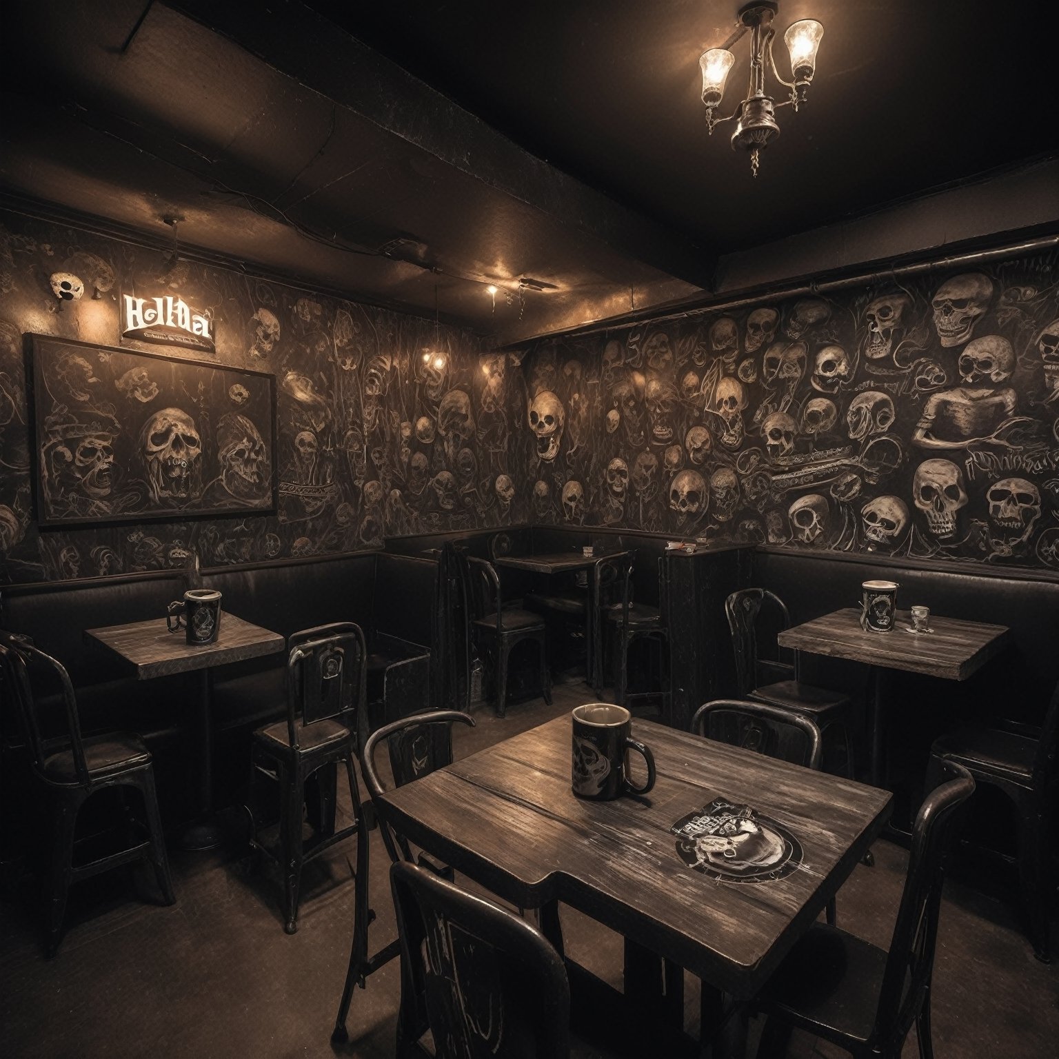 "Welcome to the Death Metal Café,  where the atmosphere is as heavy as the music. Decorated with dark,  industrial motifs...