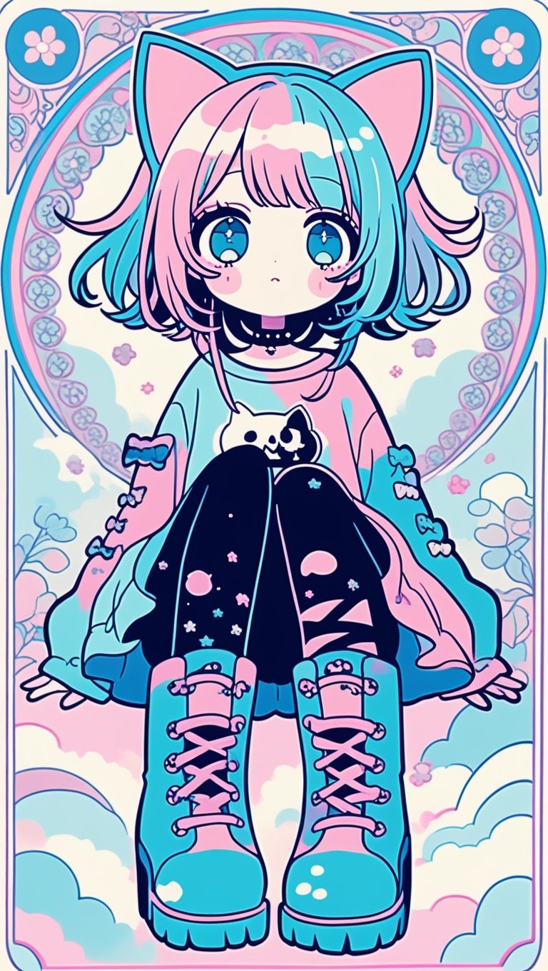 dal-3,,vtuber,1girl,
cute anime characters,Beautiful blue eyes,asymmetric bangs,candy punk Fashion,Hooded hoodie shaped like a cute kitten,cat ear hood,Pastel colored clothes based on blue and pink,Pastel Emo Fashion, Anime Print Shirt,Gothic Style tights, long military boots, score_7_up,dal-6 style,pink-emo,emo, art nouveau