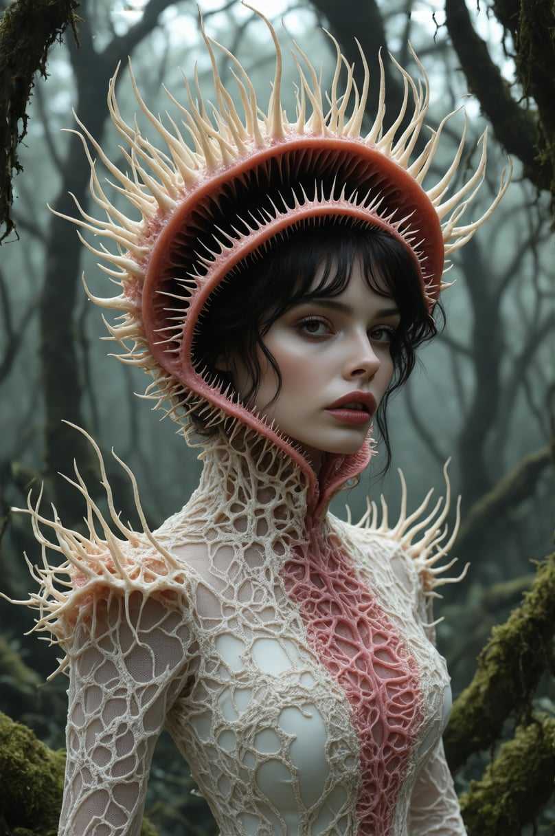 Ethereal portrait of a dark-haired woman wearing a biomechanical haute couture dress inspired by a Venus flytrap. Dress features intricate ivory and pink organic structures with sharp thorny spines along edges. Dramatic high-neck collar shaped like carnivorous plant mouth with detailed venation patterns and serrated edges, framing face in deep rose pink interior. Victorian-style bodice with bony root-like textures, intricate lace patterns resembling fungal growth and plant tendrils. Multiple curved stems with threatening spikes emerge from shoulders. Dark atmospheric forest background with selective focus. Makeup style: pale porcelain skin, dark lips, dramatic eye makeup. Photography style: moody editorial fashion, dark fantasy aesthetic, professional studio lighting emphasizing texture and shadow detail. Color palette: pale ivory, dusty pink, deep forest green. 8k resolution, high-end fashion photograph