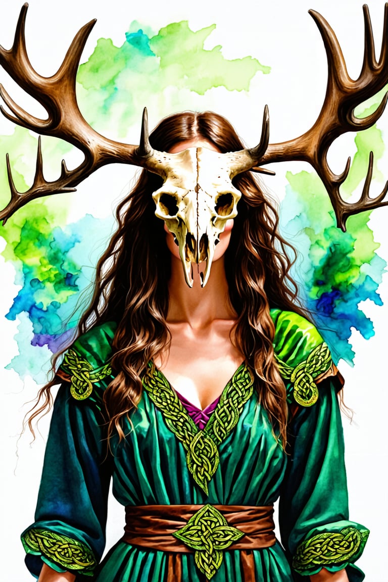 A shaman girl, with a large moose skull on her face, The strange decoration of dead branches, the mysterious and brightly colored Celtic shaman costume, and the girl is surrounded by a mysterious aura.,extremely detailed,watercolor \(medium\)