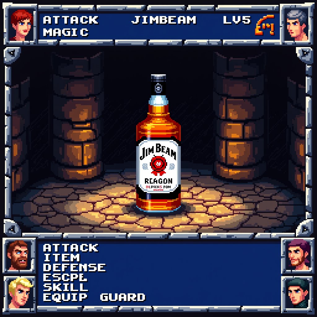 A retro-style RPG battle screen with pixelated 16-bit graphics,  six party member portraits arranged around screen edges w...
