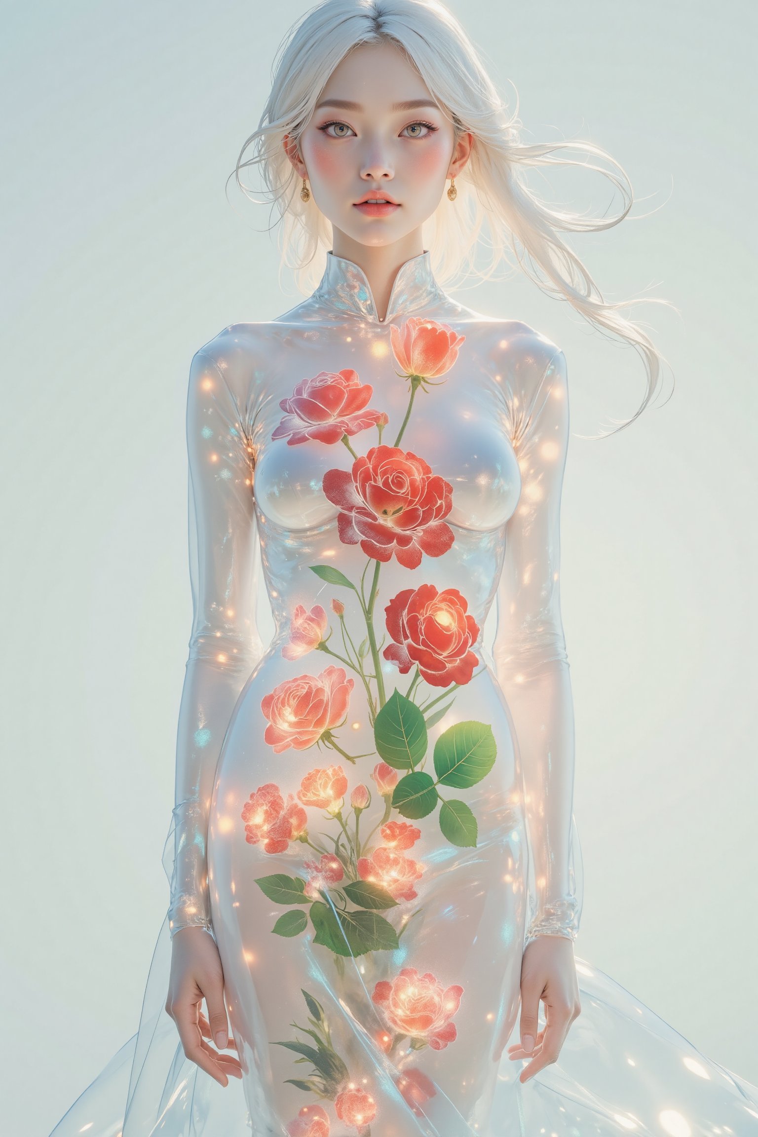 Ethereal female figure, made entirely of translucent gel-like substance with subtle iridescent sheen, Body appears crystalline and delicate with soft diffused edges catching light, Multiple blooming roses visible floating within her transparent form creating internal garden, Rose petals and stems in various shades of deep red and emerald green suspended in clear gel body, Inner roses appear to glow softly giving warm organic contrast to transparent form, Subtle refractions and distortions visible through gel body structure, Hair flowing like liquid crystal with rose petals occasionally visible within, Facial features softly defined with gentle translucent gradients, Pose elegant and flowing suggesting weightlessness, Light passing through body creates prismatic effects and subtle shadows, Roses within seem to pulse with gentle life-like movement, Overall aesthetic blends organic and crystalline elements, Background simple and light to emphasize transparent qualities, Entire figure gives impression of living sculpture made of morning dew,1girl,#jelly