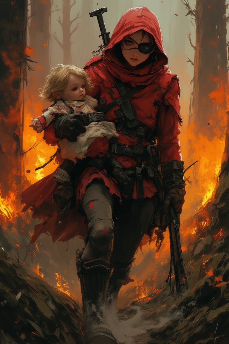 "A battle-hardened Red Riding Hood walking through a burning forest, carrying her grandmother in her arms. She has a fierce expression, wearing a tattered red cloak with a black eyepatch over one eye. Her other eye is sharp and determined. Strapped across her back is an old, worn hunting rifle, adding to her rugged appearance. The flames from the burning trees light up the sky in the background, with ash falling around them. The forest is engulfed in chaos, but Red Riding Hood walks with unyielding strength and purpose.",dal