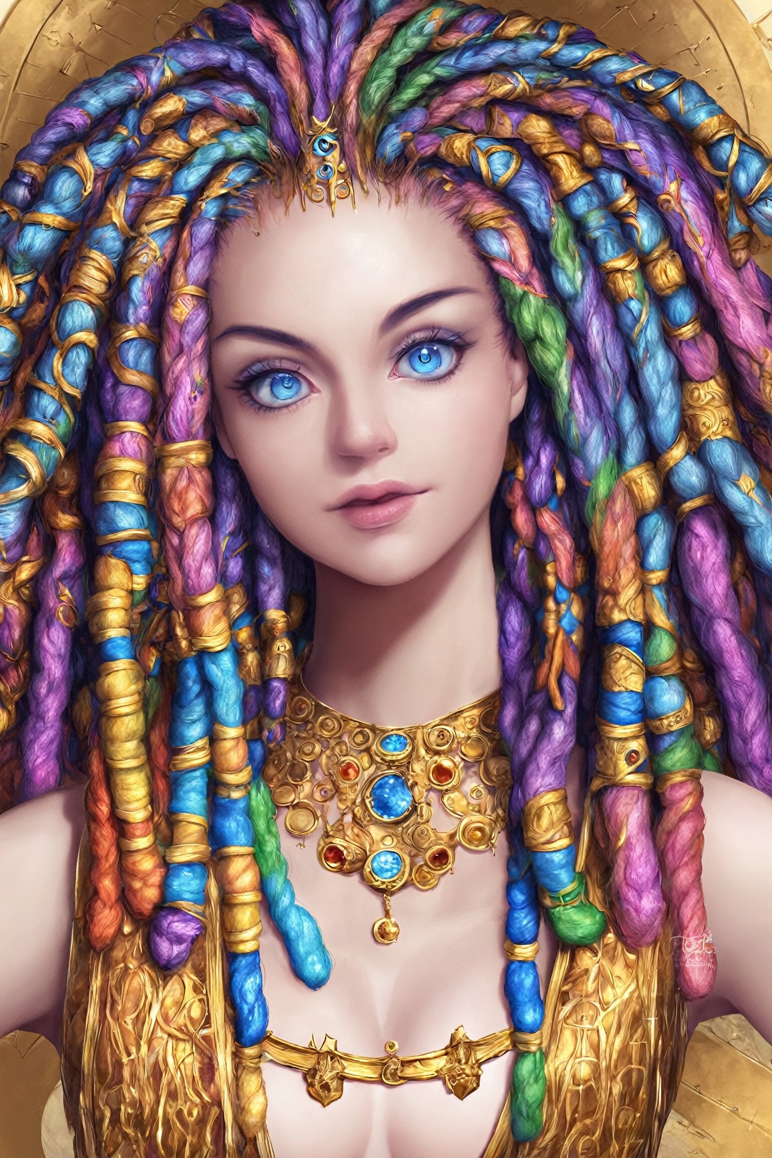 ultra Realistic,1 Girl,Beautiful Blue eyes,Detailed and beautiful iris,
 with crazy alternate hairstyle, amazingly intricately (dreadlocks:1.5
),colorful color hair, each braid painstakingly created,decorated with delicate accessories and beads, hair dark gold and black in color,aesthetic,Rainbow haired girl ,FlowerStyle,Score_9