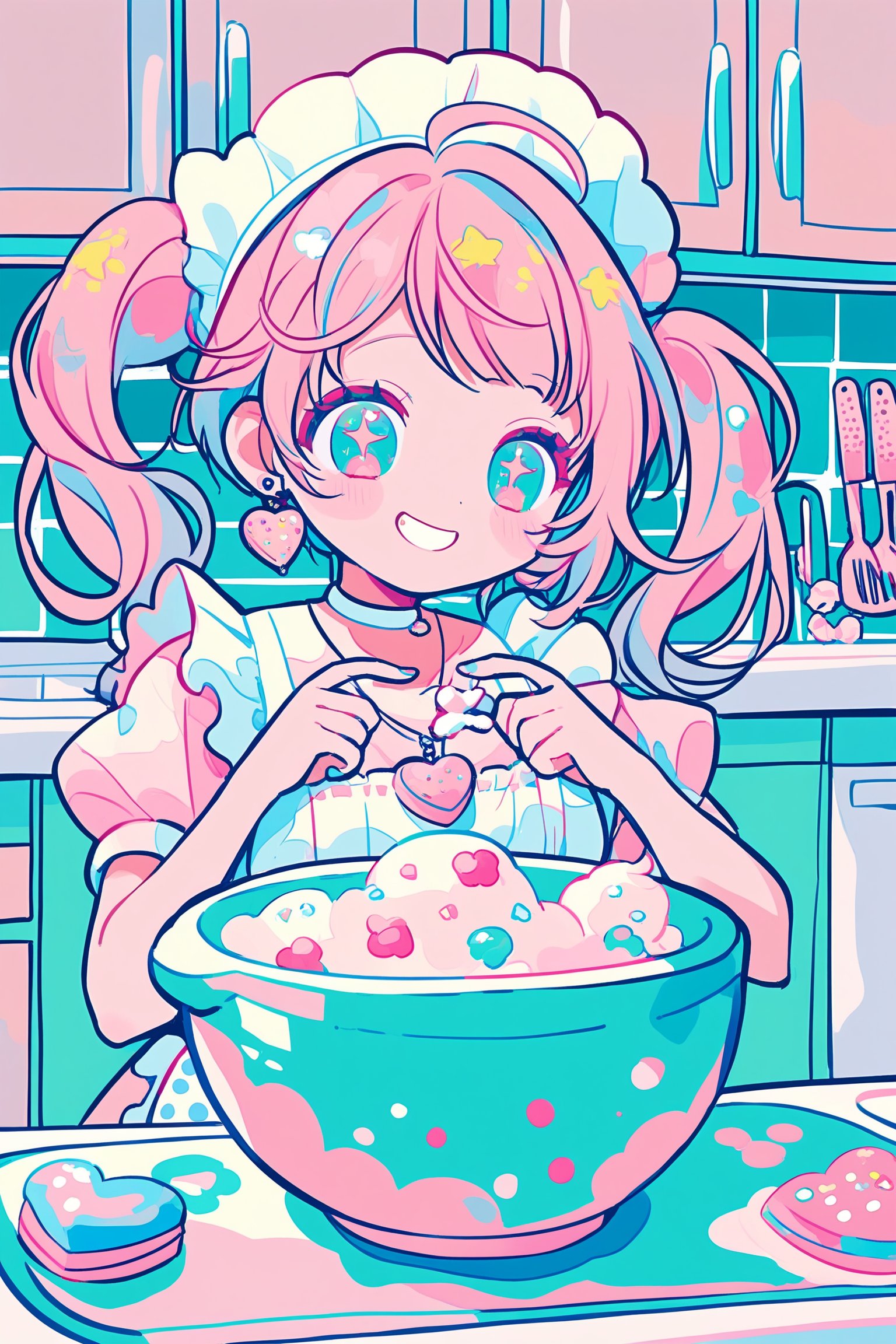 1girl ,vtuber anime character design,love＋peace＋ice cream,
adorably kawaii girl cooking in a pastel pink kitchen. She wears a puffy-sleeved dress with a heart-patterned, frilly gingham apron in baby blue and white. Her rosy cheeks dimple as she smiles sweetly, eyes sparkling like stars. Fluffy pigtails tied with oversized polka-dot bows bounce as she stirs a bowl. Colorful, star-shaped sprinkles float magically around her. She wears strawberry-shaped earrings and a cupcake necklace. The kitchen is decorated with smiling anthropomorphic utensils and appliances. A happy sun peeks through heart-shaped windows. Pastel rainbow-colored cupcakes cool on the counter. Tiny, kawaii animals in chef hats assist her,

LOVE+PIECE+ICECREAM! The fancy I'm looking for all over the world Holding a sweet,
 melting miracle in your hands LOVE...CHOP!! ,
L・O・V・E・&・P・E・A・C・E・& Our HOT and COOL DIVA！,
HEY! You KNOW! Ice cream! How great! Mellow and Glow LIKE A Fever Kissable and solid flavor Anyway, fighting is NO-GOOD! Topping strawberry with love Boring! The important thing is These are the three things I'm going to tell you!,

,anime style,anime girl,future0615