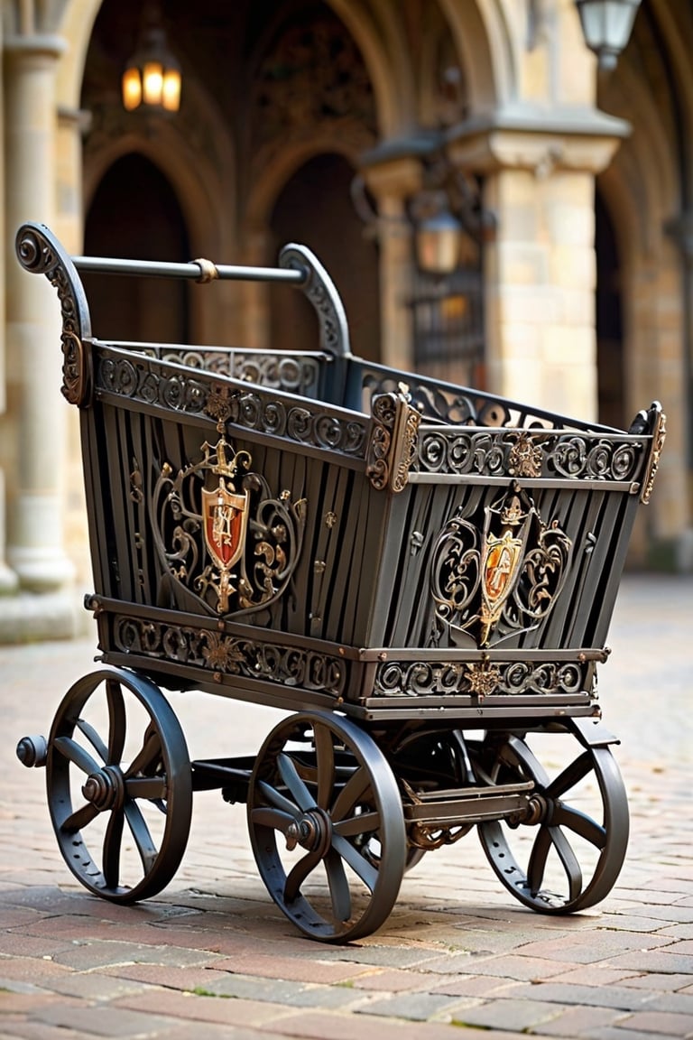 Shopping carts created by medieval European knights exude strength, durability, and elegance. Made of sturdy iron with intricate decorations reminiscent of medieval armor, these carts are built to withstand the rigors of the marketplace. The knight's attention to detail is evident throughout the cart's design, from the ornate scrollwork to the elaborately crafted handles.