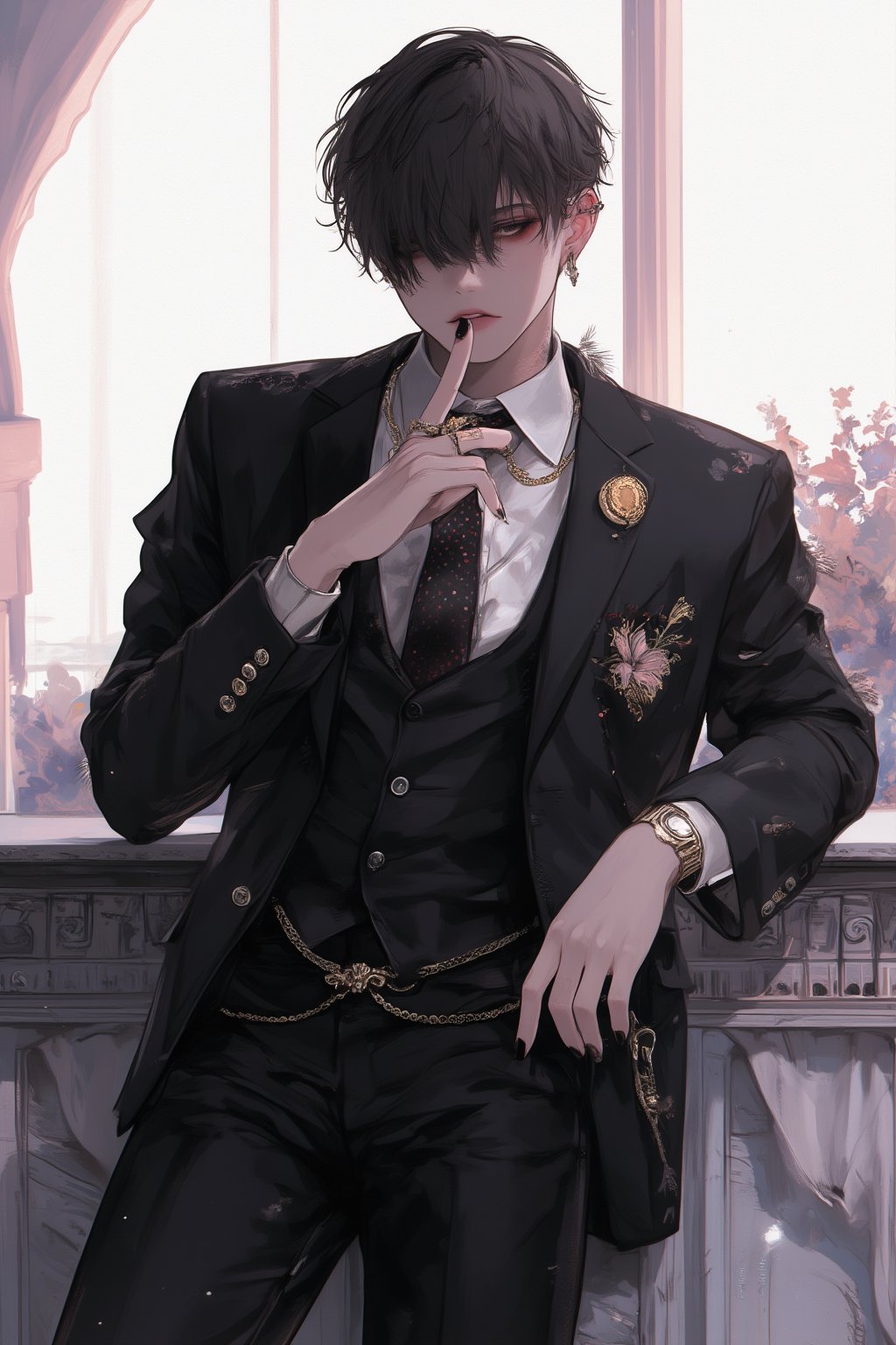 Solo,anime,nasty man, aesthetic French gentleman, emo aristocratic style, short hair,eye shadow,emo Gothic makeup, chic black business suit with polka dot tie, 
black manicure finger,(luxury golden lapel pin chain), Flower handkerchief in chest pocket, Slender man with long legs and tall stature,Handsome boy,lyh,dal,gothic-chic_style