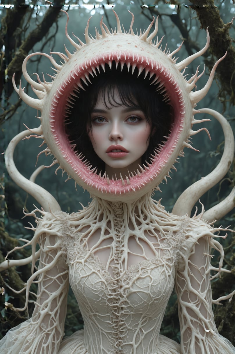 Ethereal portrait of a dark-haired woman wearing a biomechanical haute couture dress inspired by a Venus flytrap. Dress features intricate ivory and pink organic structures with sharp thorny spines along edges. Dramatic high-neck collar shaped like carnivorous plant mouth with detailed venation patterns and serrated edges, framing face in deep rose pink interior. Victorian-style bodice with bony root-like textures, intricate lace patterns resembling fungal growth and plant tendrils. Multiple curved stems with threatening spikes emerge from shoulders. Dark atmospheric forest background with selective focus. Makeup style: pale porcelain skin, dark lips, dramatic eye makeup. Photography style: moody editorial fashion, dark fantasy aesthetic, professional studio lighting emphasizing texture and shadow detail. Color palette: pale ivory, dusty pink, deep forest green. 8k resolution, high-end fashion photograph