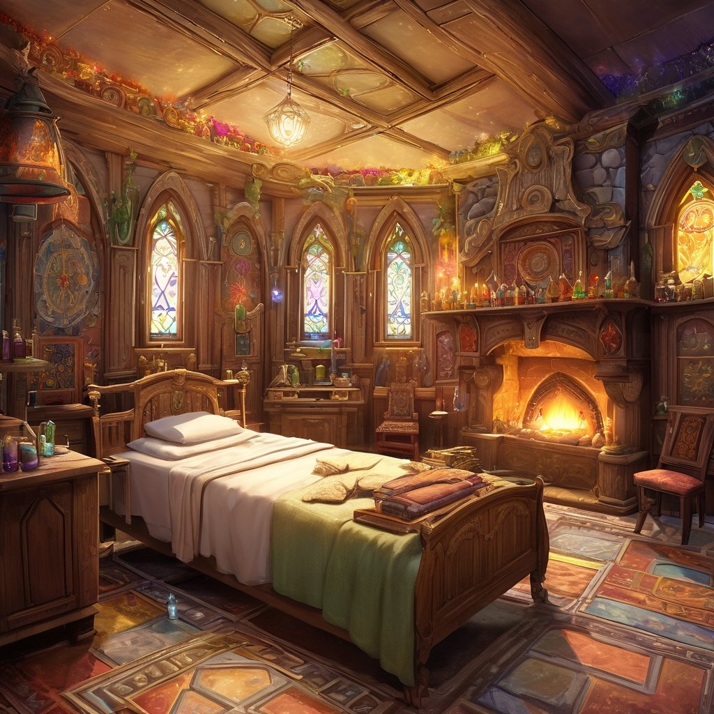 In a fantasy-style hospital room,  magic and practicality blend seamlessly. Intricate tapestries depicting mythical creatu...