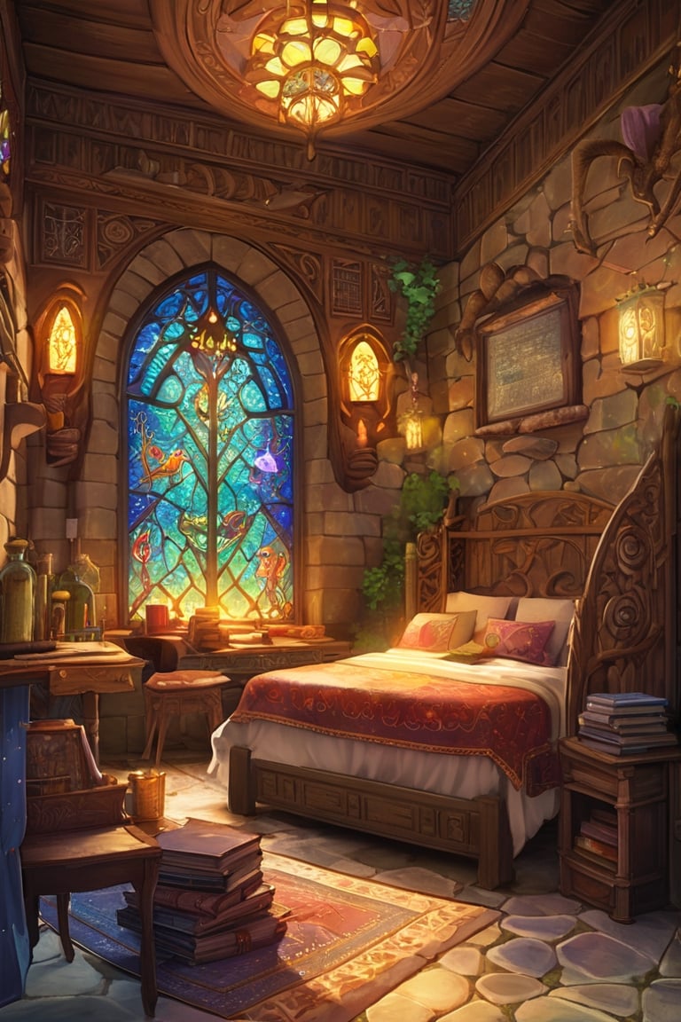 In a fantasy-style hospital room,  magic and practicality blend seamlessly. Intricate tapestries depicting mythical creatu...