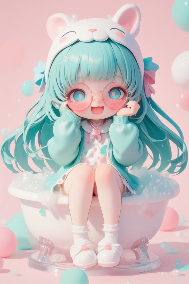 3D,Cute anime-style chibi figure, a girl with long, flowing turquoise hair. Big expressive blue eyes behind pink round glasses. Wearing a white polka dot dress with pink and blue dots, pink trim and a teal blue underskirt. Teal blue cardigan sweater, white and pink animal shaped eye mask on head with eyes closed, small bone decoration and blue ribbon. Pink ribbon in hair,Pink cherry shaped pendant necklace. White rabbit shaped slippers,Posed with one hand raised close to face. Bright expression, figure is immersed in a miniature bathtub full of bubbles,sit down,
Very well-made plastic figure on a clear stand. Soft pastel color palette. Professional product photography lighting and setup. ,lyh,dal,create figure 2,furry