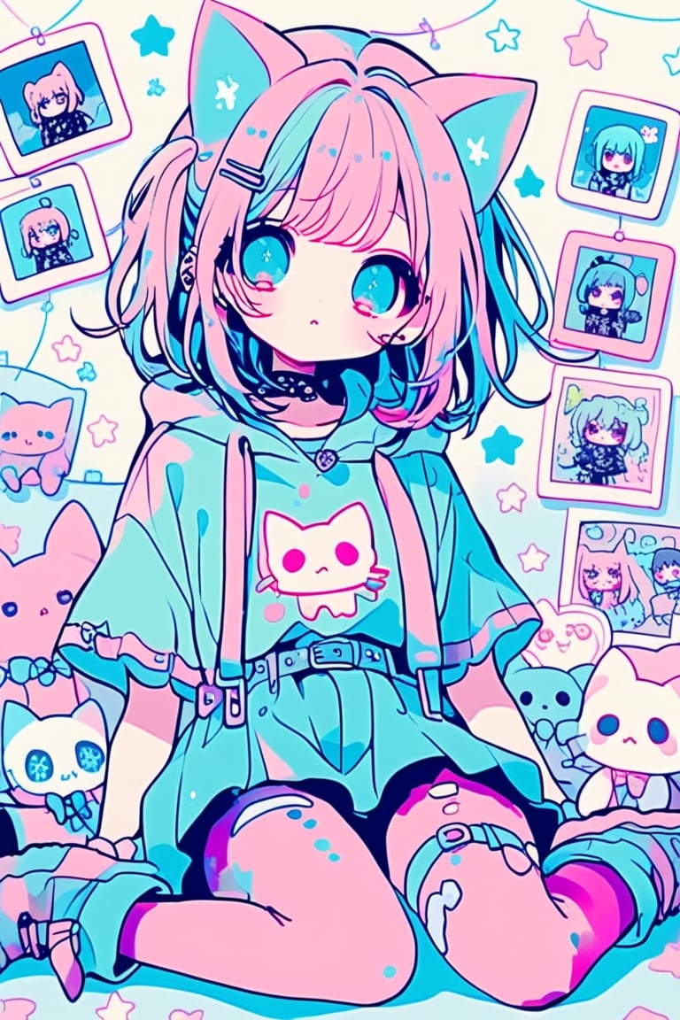 dal-3,,vtuber,
cute anime characters,Beautiful blue eyes,asymmetric bangs,candy punk Fashion,Hooded hoodie shaped like a cute kitten,cat ear hood,Pastel colored clothes based on blue and pink,Pastel Emo Fashion, Anime Print Shirt,Gothic Style tights, long military boots, score_7_up,dal-6 style,pink-emo,emo,dal-1