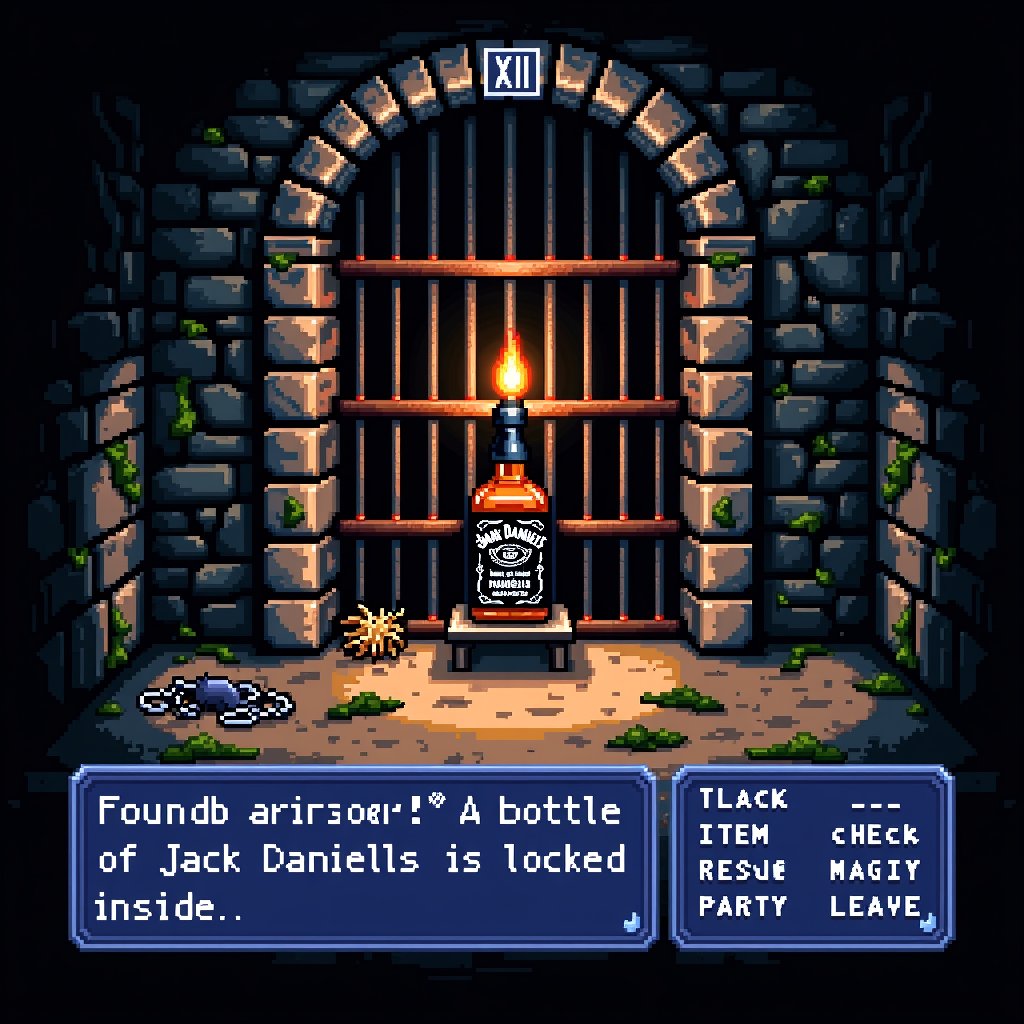 A classic 16-bit style RPG dungeon scene showing a Jack Daniel's bottle imprisoned behind pixel art jail bars,  party memb...