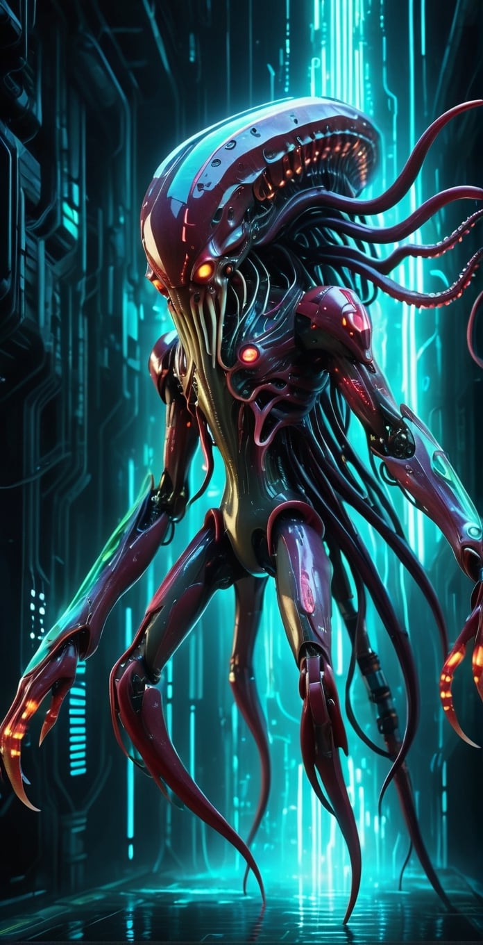 Cybernetic giant squid,  a towering cephalopod enhanced with cybernetic implants and futuristic technology,  massive body...